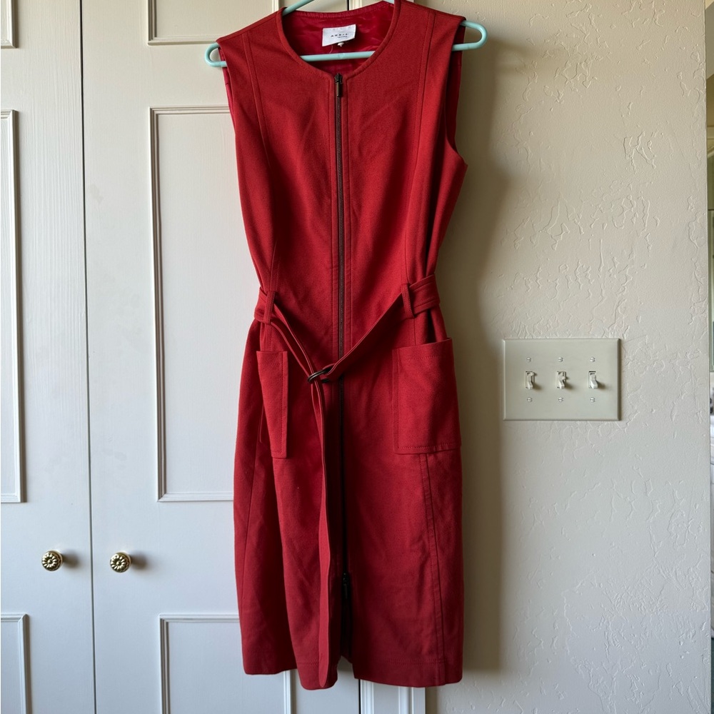 Akris Punto Crew Neck Knee-Length Red Sleeveless Belted Dress US Size 8 - Picture 5 of 12